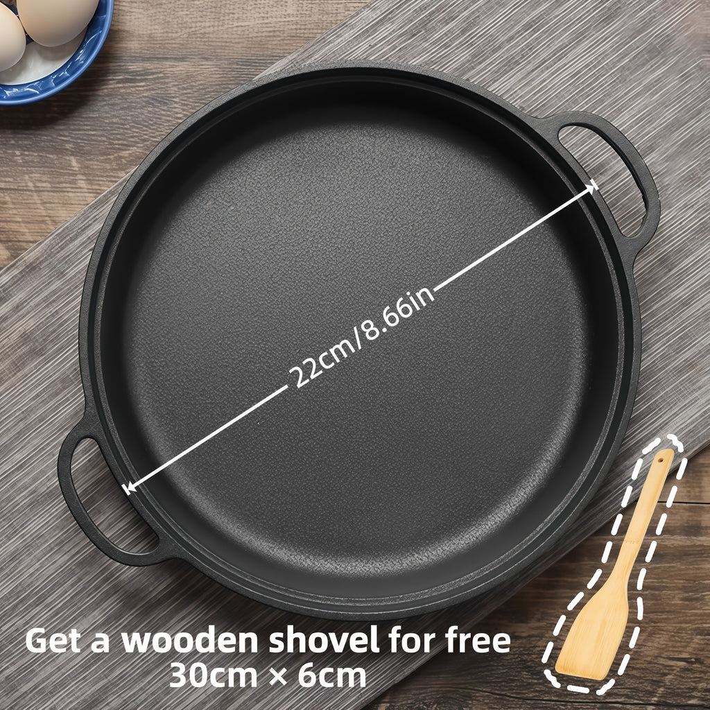 Deep Cast Iron Skillet 8.66 Inch with 2 Handles and Wooden Shovel Flat Bottom Frying Pan Oven Stovetop Grill Campfire Safe for Steak Bread Pizza Camping