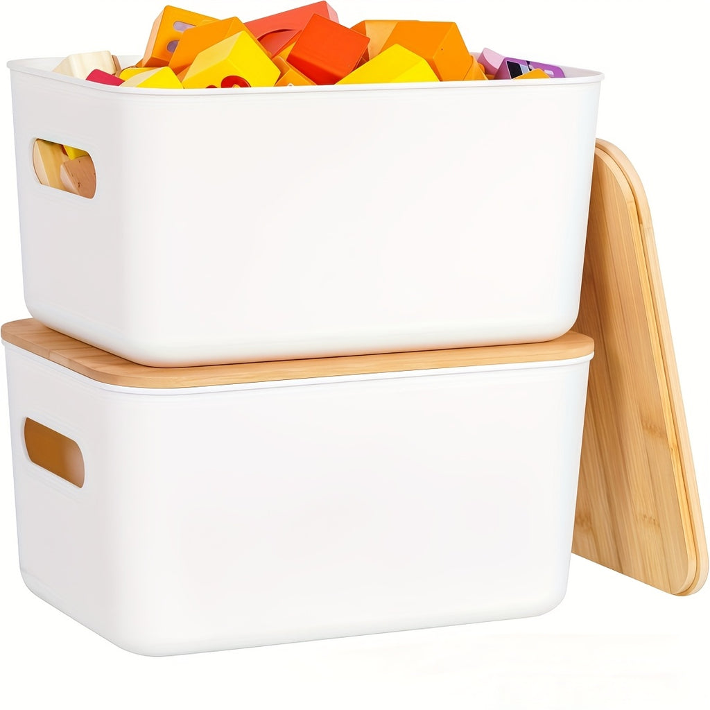 Storage Bins with Lids Wood Top, Plastic Stackable Storage Containers with Handle & Labels, Organizer Boxes for Home, Office, Bookshelf, Playroom & Medicine Cabinet, White, Set of 1/2/4/8