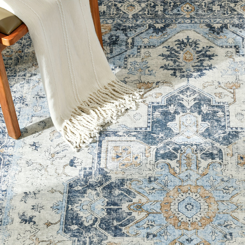 Washable Vintage Area Rug - Chenille Retro Distressed Multi-Print Foldable Lightweight Accent Rug for Entryway Bathroom Kitchen Living Room and Bedroom