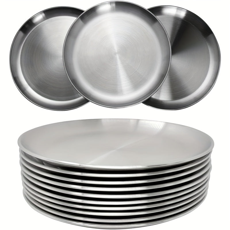 304 Stainless Steel Dinner Plates Set of 10 BPA-Free Dishwasher Safe Non-Toxic Round Metal Plates for Home Outdoor Camping Holiday Use