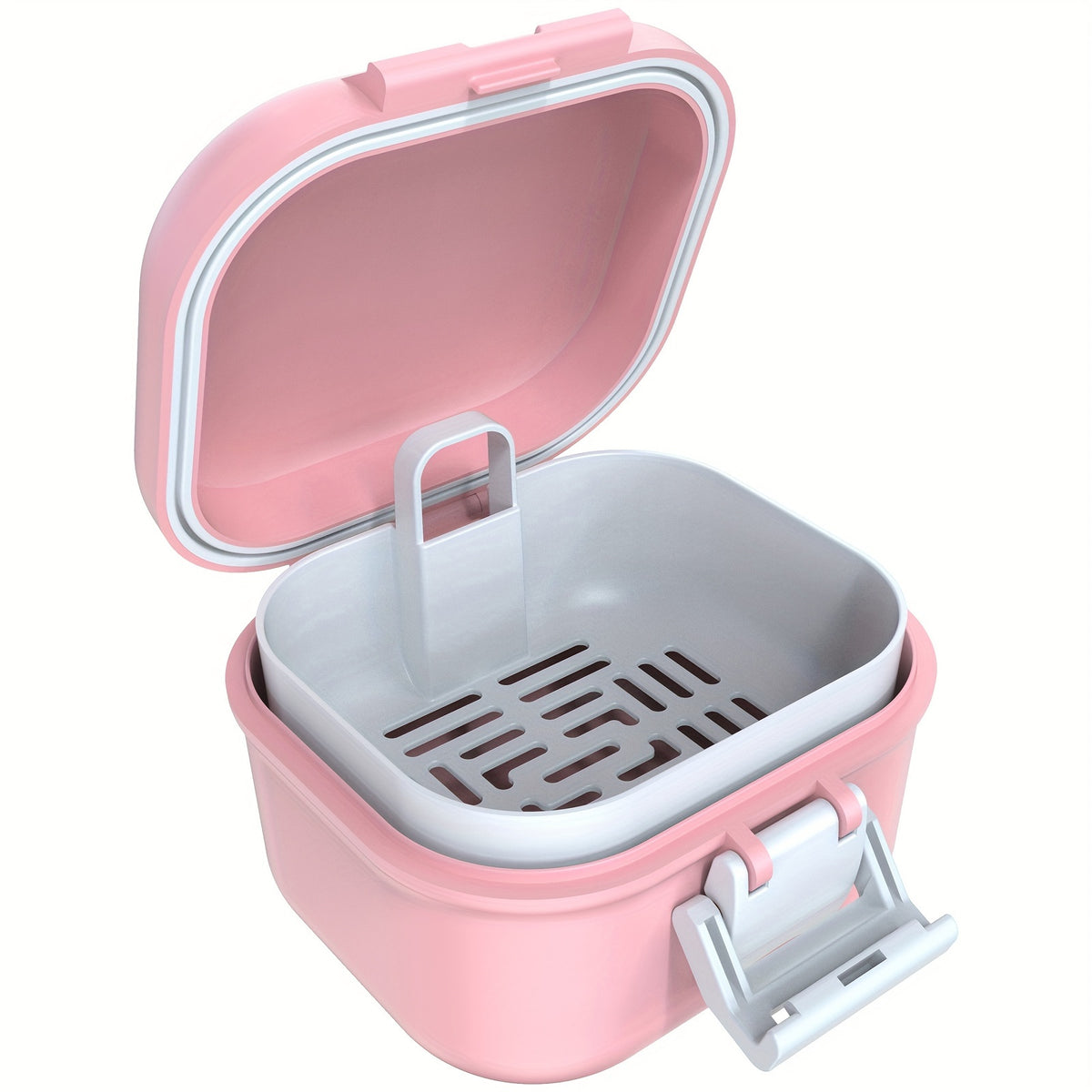 Denture Bath Case with Drainage Basket - Leak Proof Portable Travel Denture Soaking Cup Storage Container Silicone Ring Safety Buckle