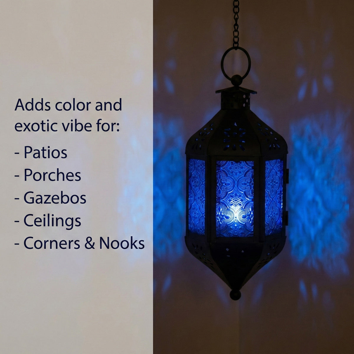 Moroccan Hanging Candle Lantern with Chain – Vintage Boho Style Iron & Glass Tealight Holder for Home, Patio, Garden, Wedding & Ramadan Decor (23.5" Overall)