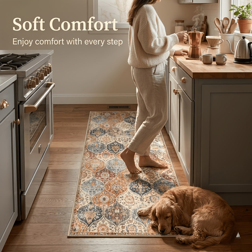 Non-Slip Washable Kitchen Rug – Vintage Hallway Runner with Rubber Backing | Cashmere-Like