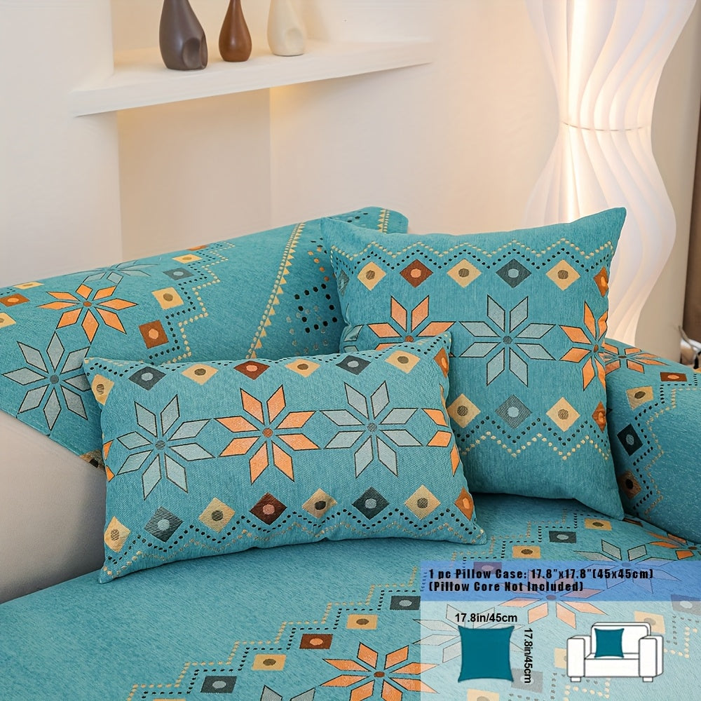 Embroidered Chenille Sofa Slipcover Bohemian Geometric Floral Pattern | Non-Slip Machine Washable Couch Cover for 1-2-3-4 Seater with Armrest & Pillow Cover Options, 6 Colors