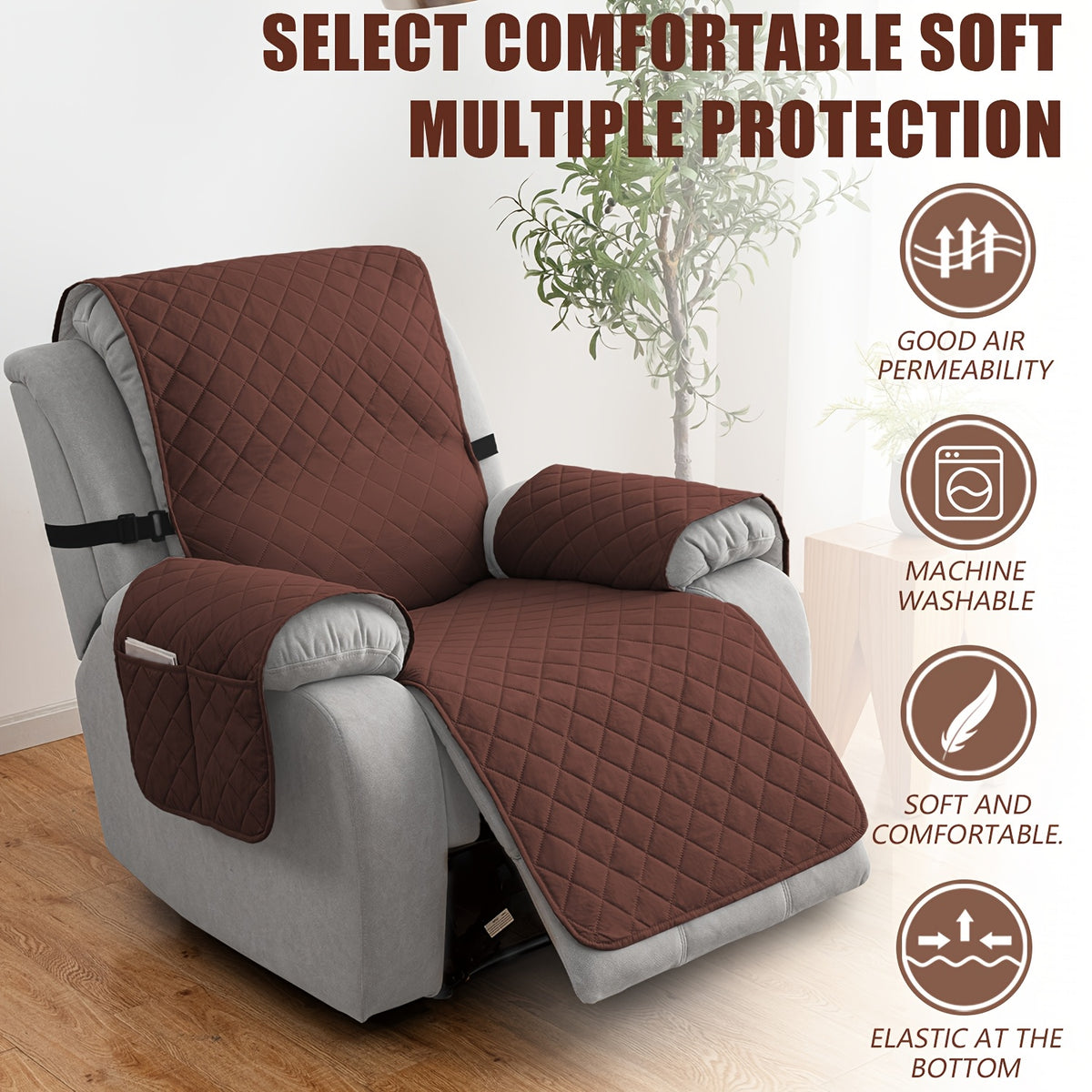 Chenille Knit Recliner Chair Cover 1pc – Non-Slip Sofa Slipcover with Elastic Straps & Drawstring for Large Recliners, Washable Pet Furniture Protector for Dogs Cats, Home Decor