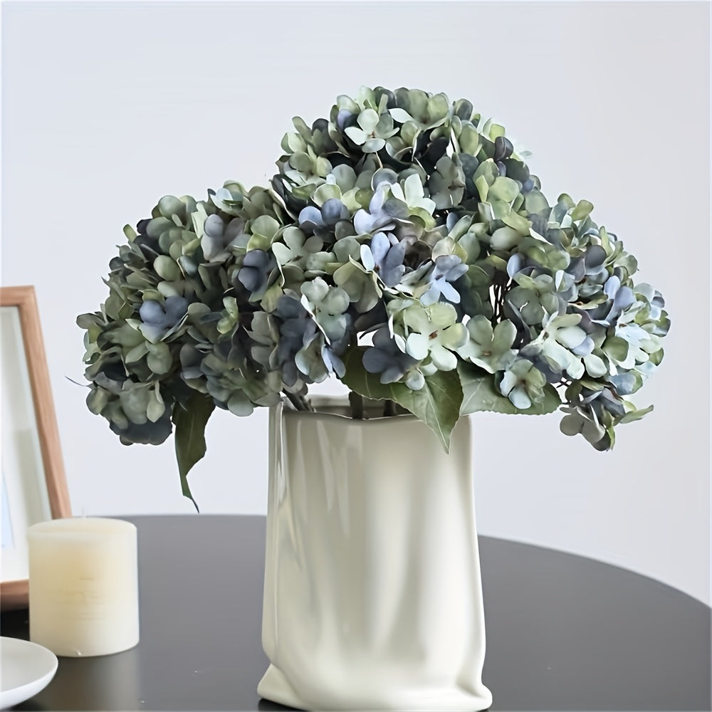 Faux Silk Blue Hydrangea Bouquets 4pcs Deep Lake Blue Artificial Flowers with Green Foliage Long Lasting Polyester Blooms for Home Wedding Event Floral Decor
