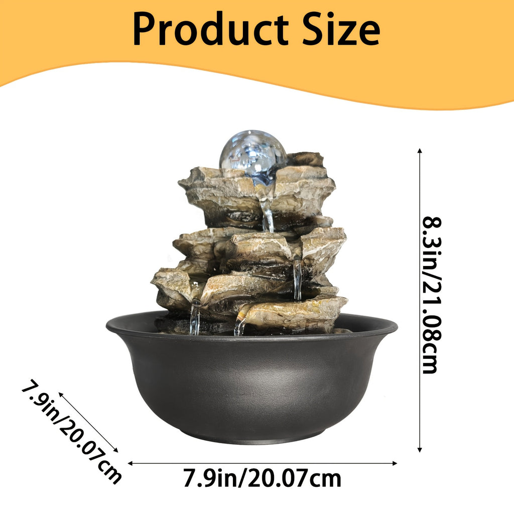 Rock Tabletop Zen Fountain with LED Lights & Rotating Crystal Ball – 8.3" Desktop Waterfall Fountain with Humidifier for Living Room, Office & Bedroom, Plug-In Soothing Water Feature