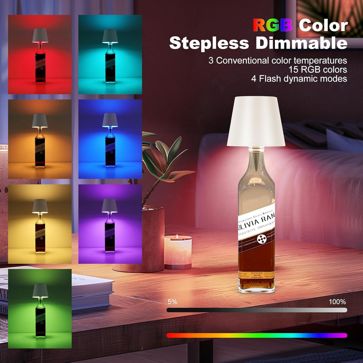 Metal Wireless Wine Bottle Light Rechargeable Dimmable LED Bottle Cap Light 3 Color Temperatures for Bar Cart Wine Bar Bedroom Decor
