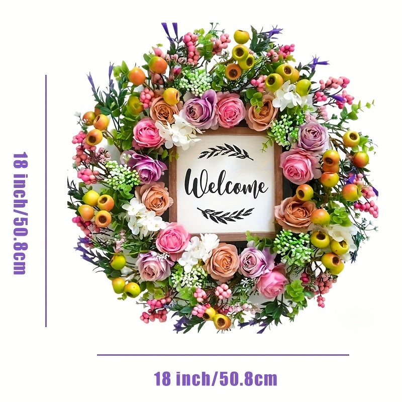 18 Inch Spring Summer Welcome Wreath for Front Door – Artificial Berry & Floral Decor with Welcome Sign, All Season Wall & Window Hanging, Mother's Day & Graduation Gift