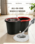 Spin Mop and Bucket Set with Wringer, 360° Dual-Drive Wringing System, 3 Microfiber Mop Heads for Hardwood Tile Marble Laminate Floor Cleaning