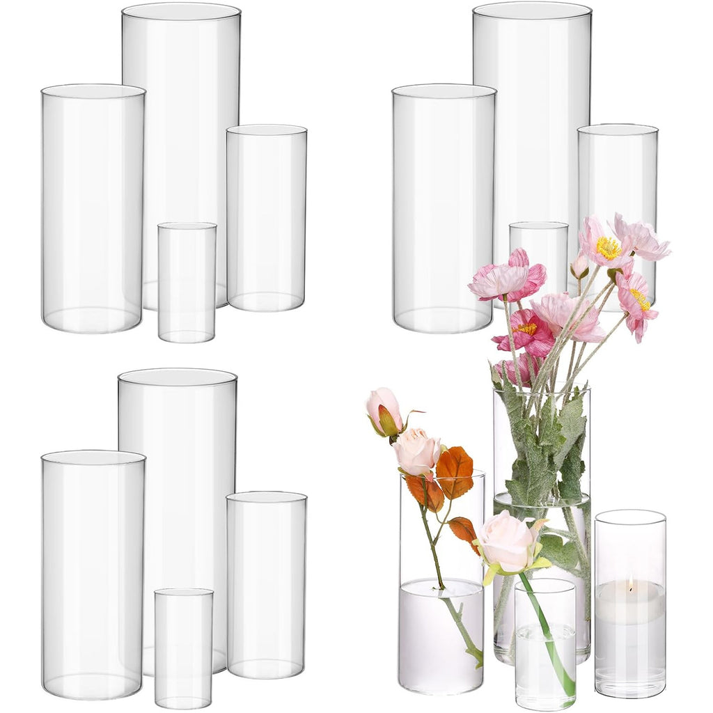 WHONLINE 16pcs Clear Glass Cylinder Vases 4 Sizes (4"/6"/8"/10") – Tall Transparent Vase Set for Wedding Centerpieces, Party Tables, Hurricane Floating Candle Holders, Home & Office Decor