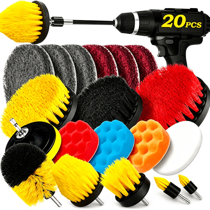 Drill Brush Attachments Set 20 Pack – Power Scrubber Brushes, Scrub Pads, Sponge & Buffing Pads with Extension Rod for Bathroom, Tile, Grout, Car Polishing, Kitchen & Shower Cleaning – Car Polishing Pad Kit