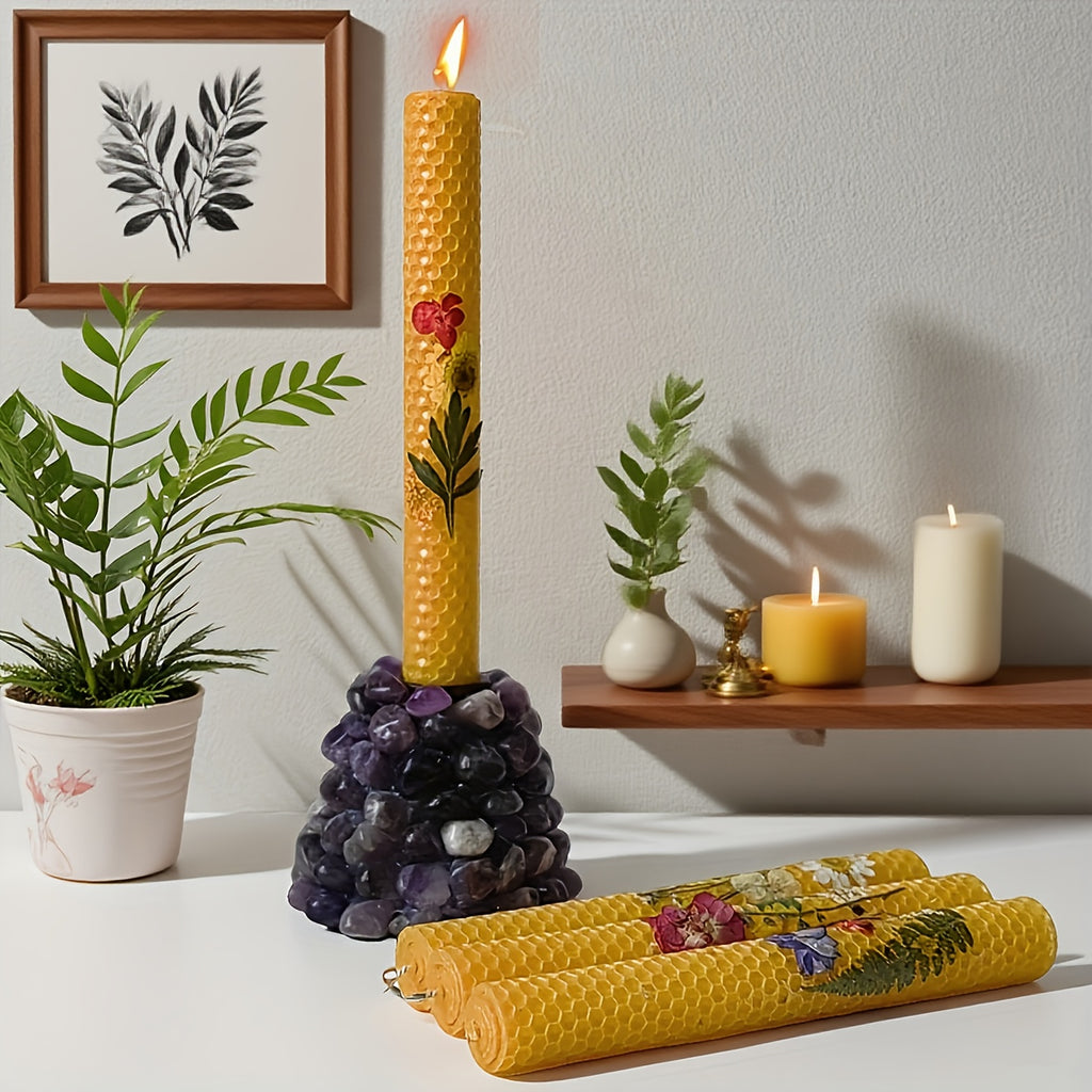 Floral Cone Shaped Decorative Candles 4 Pack 10 Inch Cylindrical Beeswax Taper Candles for Holiday Parties Valentine's Day Mother's Day Wedding Table Centerpiece Home Decor Gift