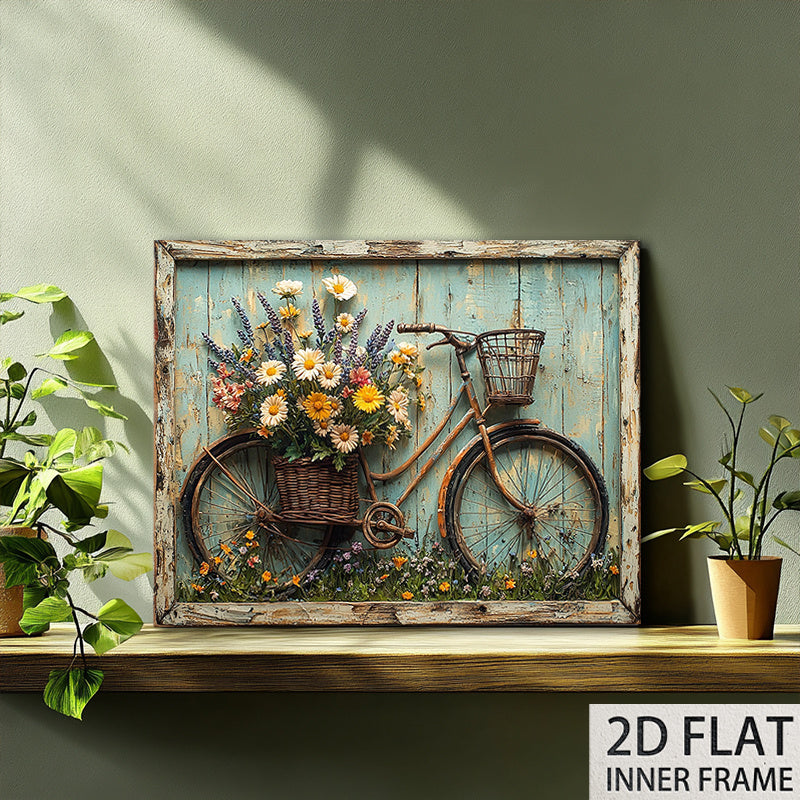 Shabby Chic Canvas Wall Art – Vintage Blooming Flower Country Landscape Painting with Wood Background, Farmhouse Pastoral Wall Decor for Living Room & Kitchen, High-Quality Print Wrap-Around Frame