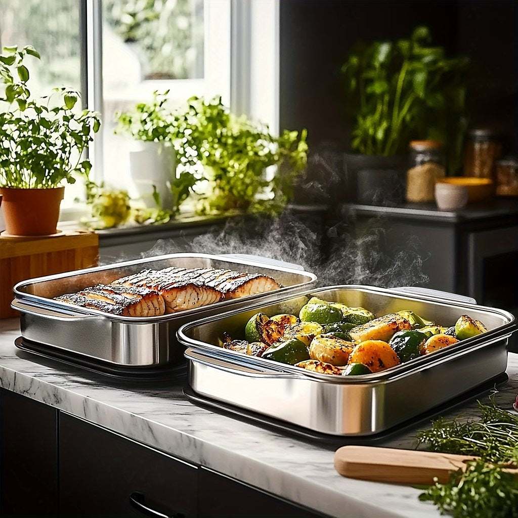Stainless Steel Baking Tray Set of 4 – 2 Deep Trays & 2 Lids with Handles, 16.1 Inch Non-Stick Roasting Pan, Oven & BBQ Safe, Easy Clean, Multi-Purpose