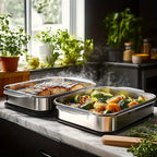 Stainless Steel Baking Tray Set of 4 – 2 Deep Trays & 2 Lids with Handles, 16.1 Inch Non-Stick Roasting Pan, Oven & BBQ Safe, Easy Clean, Multi-Purpose