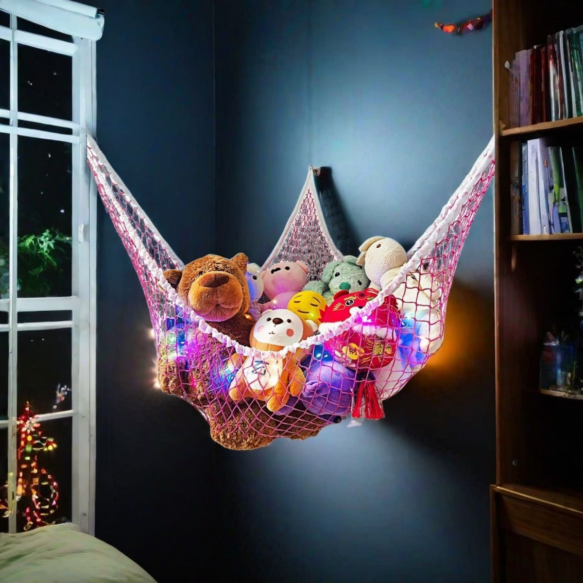Jumbo Corner Stuffed Animal Hammock with LED Warm Lights – 72x48x48" Mesh Plush Toy Storage Organizer with Hooks, Kids Room & Nursery Decor, Holiday Gift for Boys & Girls