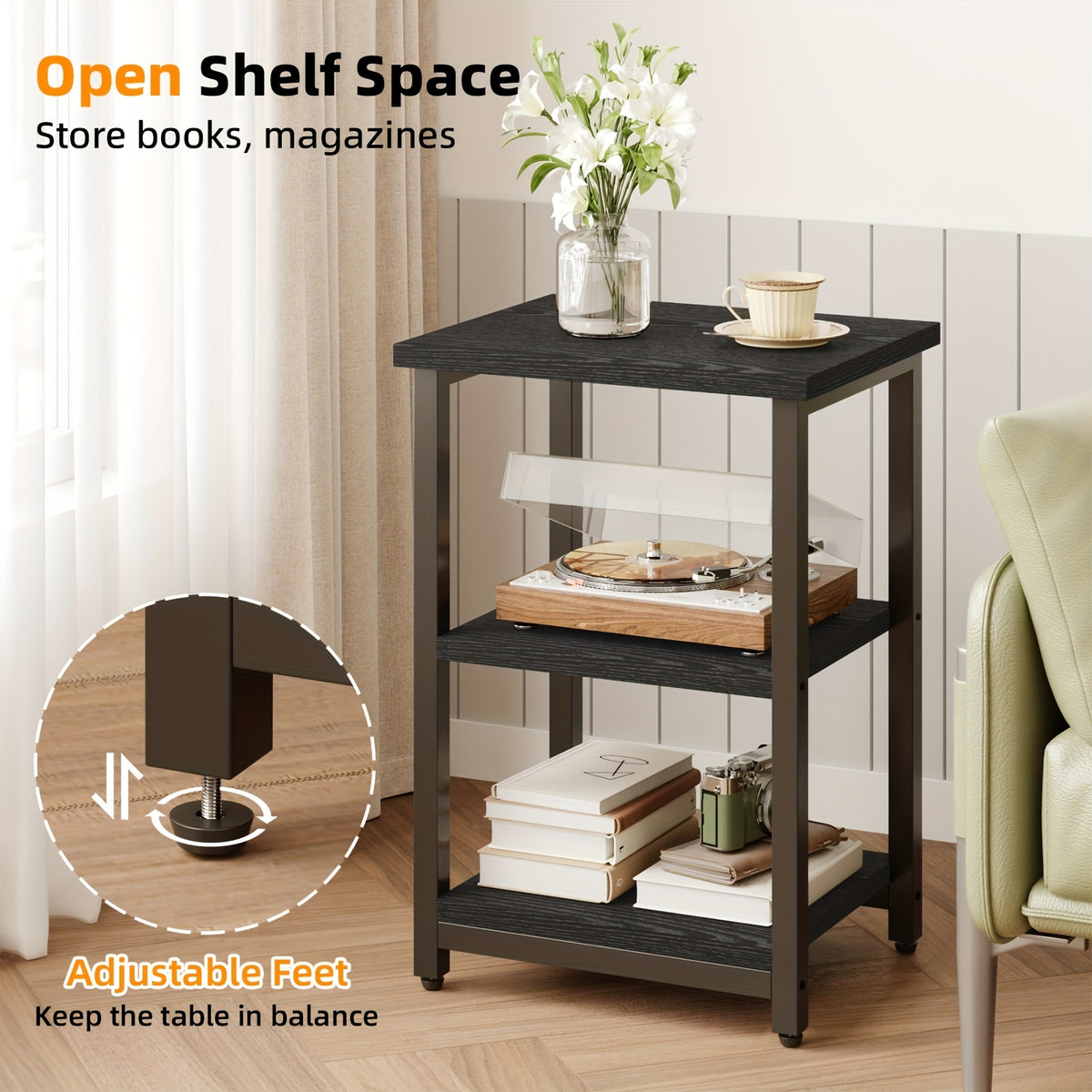 3-Tier Nightstand Side Table – Heavy Duty Steel Frame End Table for Bedroom Living Room Office Bathroom, Classic Black, 13.4"x11.8"x22.8"
