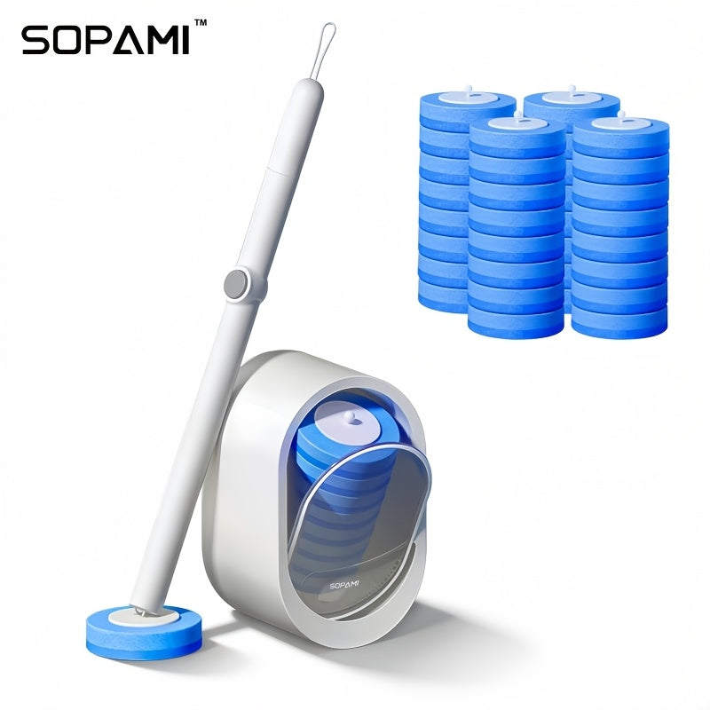 SOPAMI Wall-Mounted Toilet Brush Kit with Storage Caddy & Disposable Heads – No-Drill Install, Auto Open/Close Lid, 16.93-Inch Long Handle, Anti-Dirty Hands, No Dead Angle Deep Clean, 16 or 32 Brush Heads