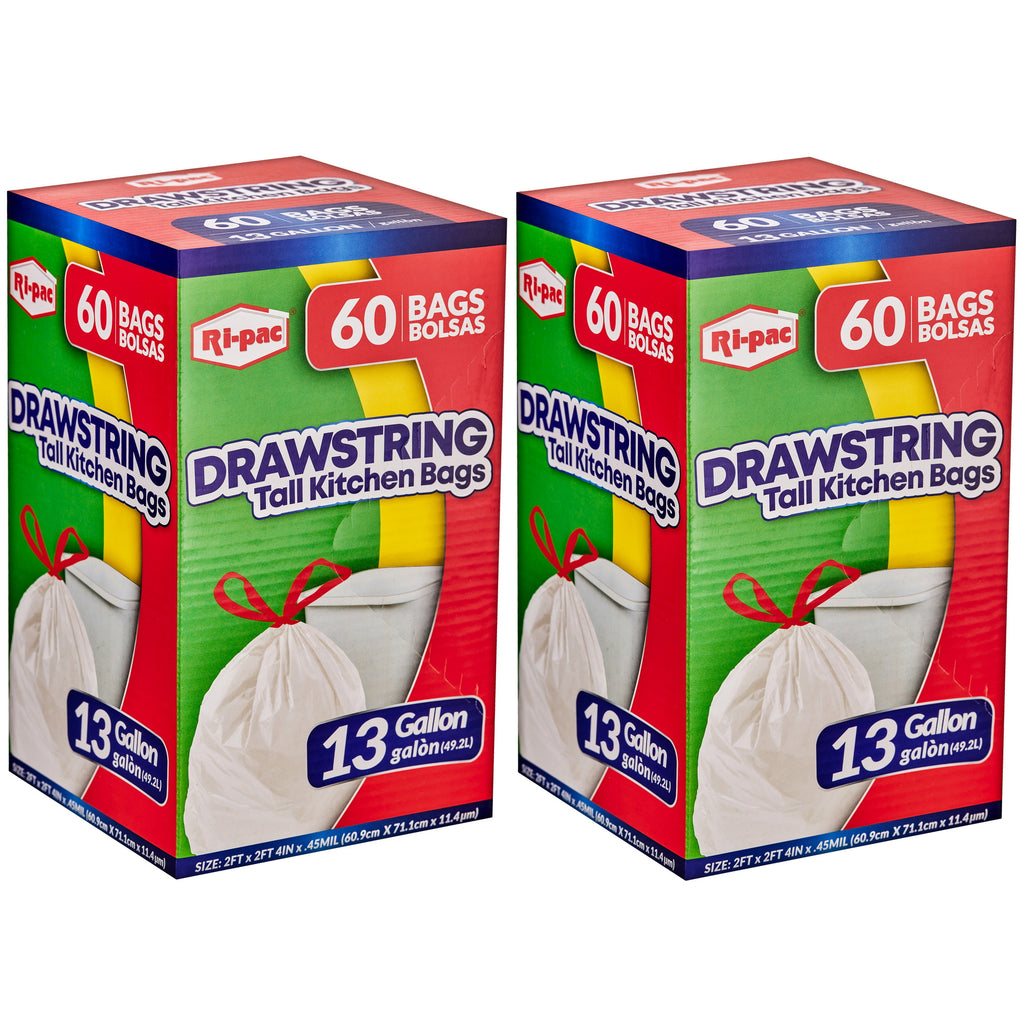 Drawstring Tall Kitchen Trash Bags 13 Gallon 120 Count (2 Boxes of 60), 2ft x 2ft 4in Sturdy 0.45mil Bags for Standard Kitchen Trash Cans, Easy-Tie Drawstring Closure