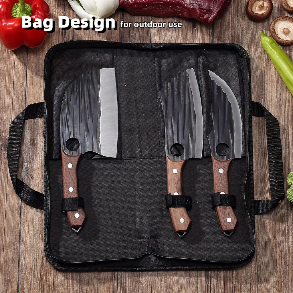 Viking-Inspired Hand-Forged Butcher Knife Set with Carrying Case - High Carbon Steel Cleaver Boning and Vegetable Knife Set for BBQ Camping and Meat Preparation