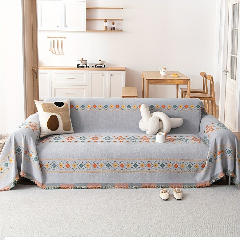 Chenille Boho Sofa Cover with Embroidered Detail – Machine Washable Slipcover for 1 2 3 4 Seater Sectional Couches, Extra Large Sizes, No Padding, 4 Colors