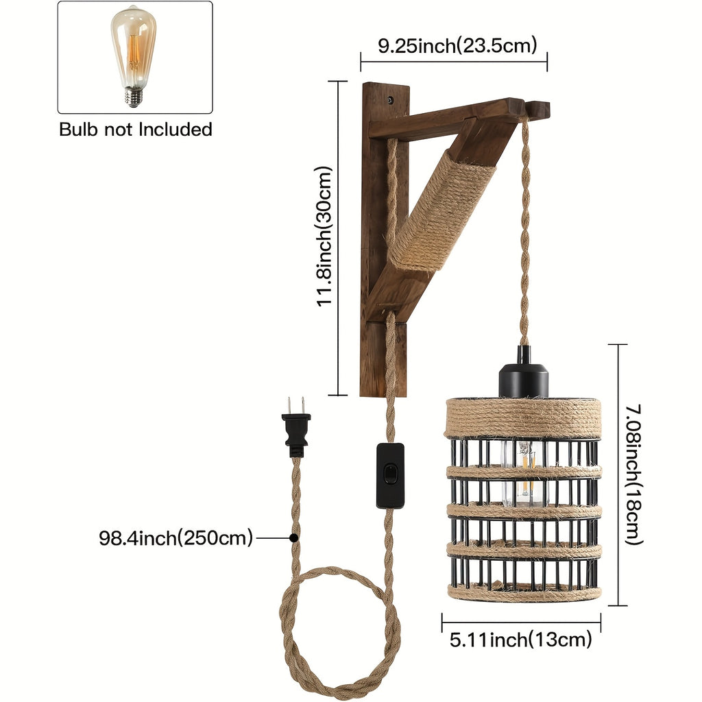 Plug-In Wall Sconces Farmhouse Rustic Metal Cage with Wooden Bracket – Hanging Lamps That Plug Into Wall Outlet for Bedroom, Living Room & Headboard – 1 or 2 Pack