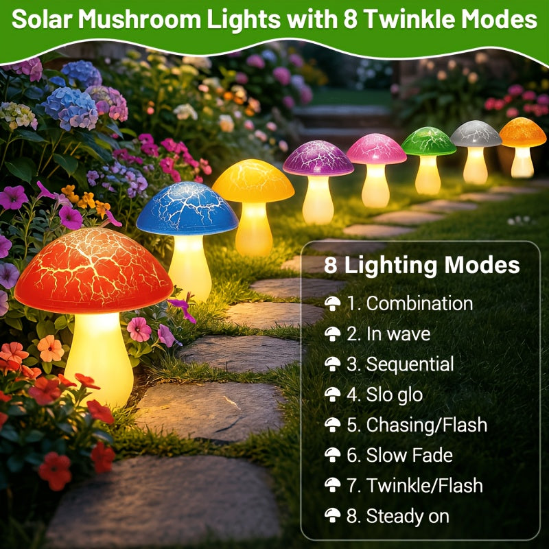Solar Garden Mushroom Light with 8 Colorful Cracked Mushrooms & 8 LEDs – IP65 Waterproof Outdoor Landscape Lighting for Yard, Lawn, Patio & Terrace, Solar Powered Decorative Garden Light