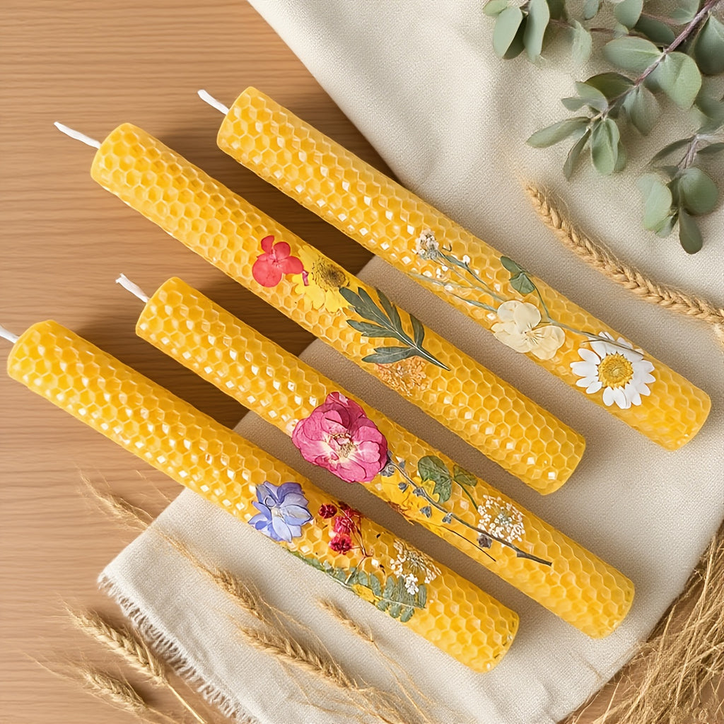 Floral Cone Shaped Decorative Candles 4 Pack 10 Inch Cylindrical Beeswax Taper Candles for Holiday Parties Valentine's Day Mother's Day Wedding Table Centerpiece Home Decor Gift