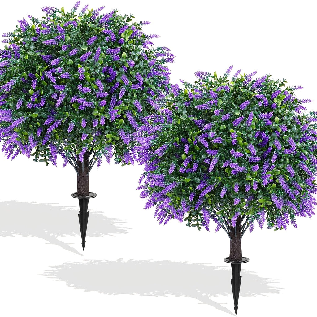 Artificial Lavender Topiary Ball Trees 2 Pack with Ground Spike – UV Resistant Faux Cedar Evergreen Shrubs for Outdoor Front Porch, Garden, Backyard & Indoor Home Decor