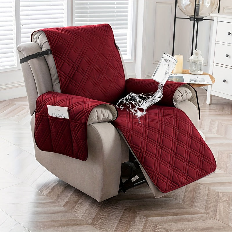 Quilted Recliner Chair Cover with Pocket Non-Slip Hook Loop Closure - 100% Polyester Washable Reclining Chair Slipcover Furniture Protector for Pets Dogs Cats, Easy Install, 9 Colors
