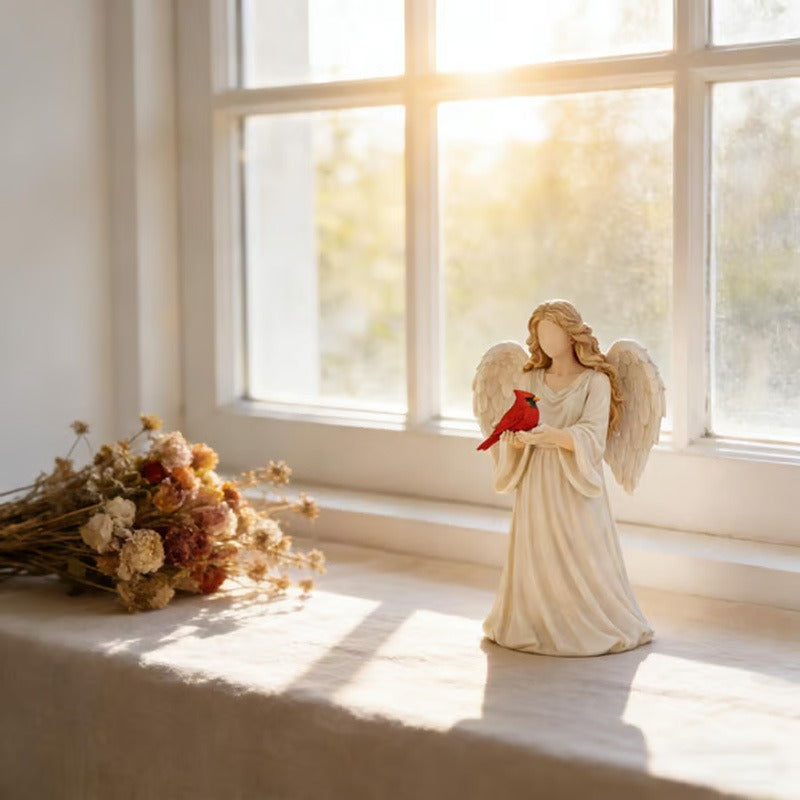 Red Bird & Angel Resin Desktop Ornament Decorative Figurine – Creative Sculpture Statue for Living Room, Entryway & Office Decor, Thoughtful Commemorative Gift