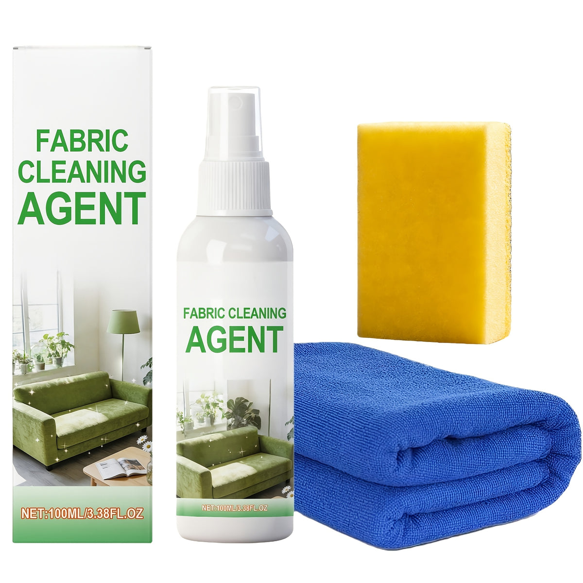 Citric Acid Sofa & Fabric Stain Remover Kit with Sponge & Towel – Quick-Drying Upholstery Cleaner Spray for Sofas, Car Interiors & Furniture | 1-Set or 3-Set Bundle