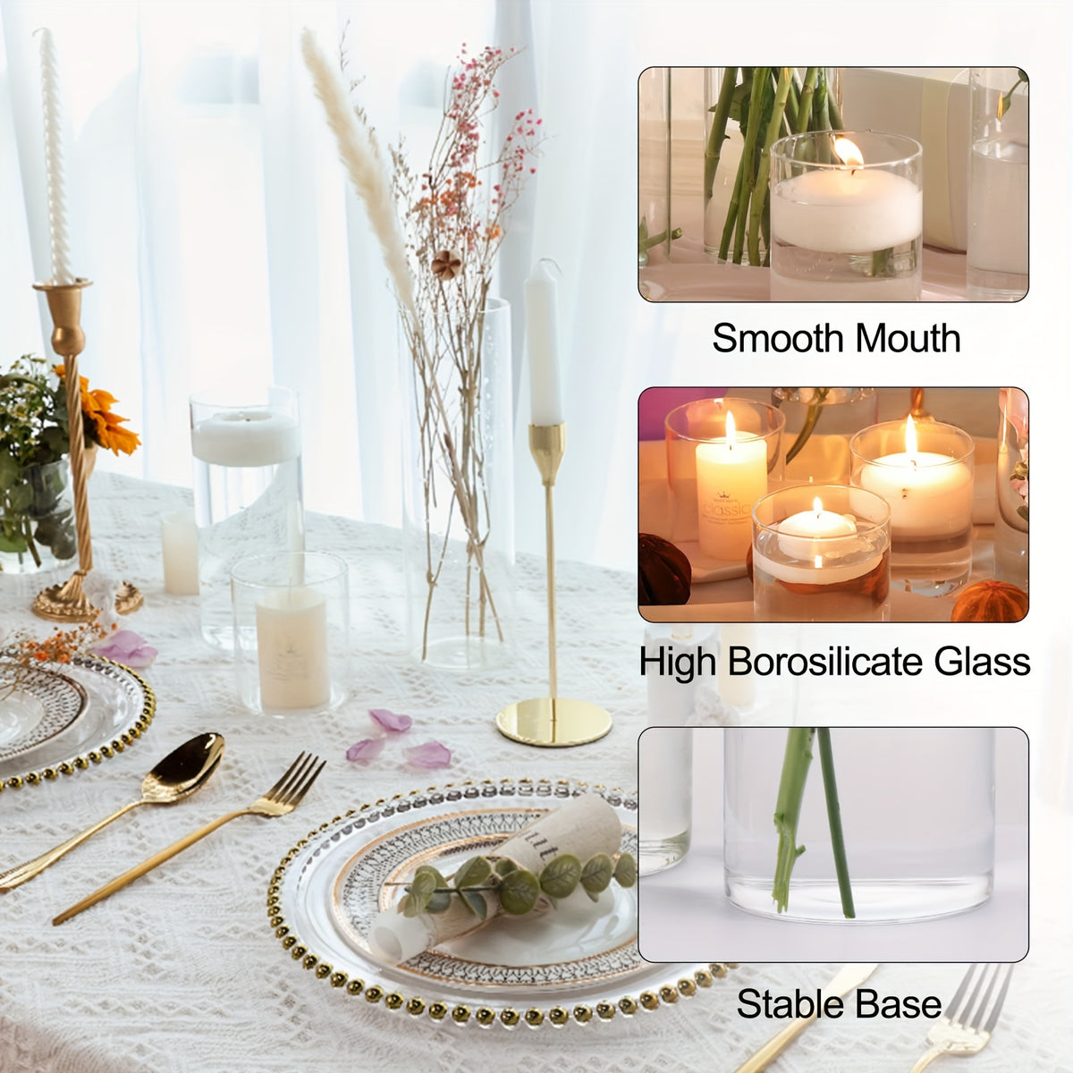 TOMNK Bulk Clear Cylinder Glass Vases 12/20/24pcs in 4-5 Sizes – Tall Boho Flower Vase Set for Wedding Centerpieces, Rustic Home Decor, Formal Dinners, Parties & Hurricane Floating Candle Holders