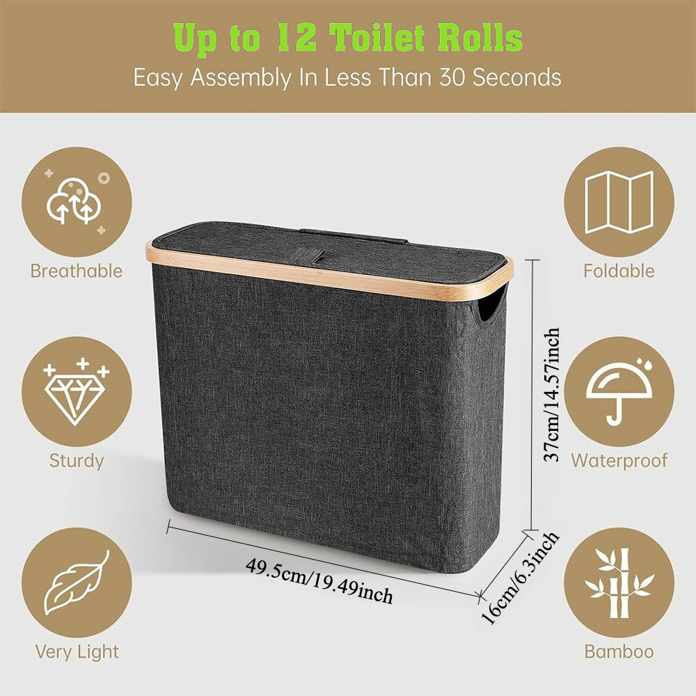 Bamboo Toilet Paper Storage Basket with Lid Holds 12 Rolls, Multi-Functional Bathroom Organizer with Tissue Holder Hook – Countertop Bathroom Decor, Black, Gray, White & Purple