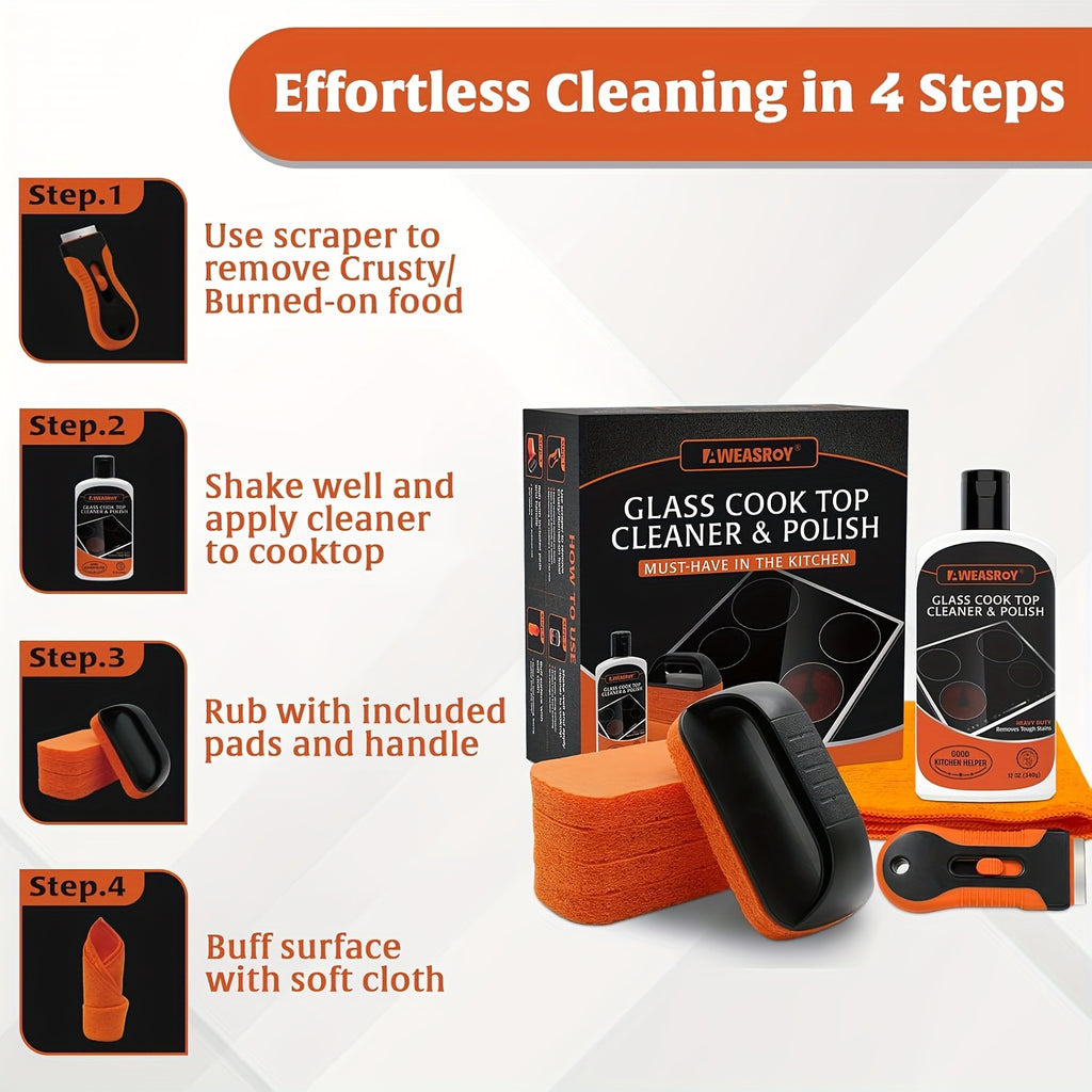 Glass Stove Top Cleaner Kit, 12oz Non-Abrasive Cooktop Cleaner & Polish – No-Scratch Formula, Removes Tough Stains, with Scrubbing Pad, Scraper & Cloth