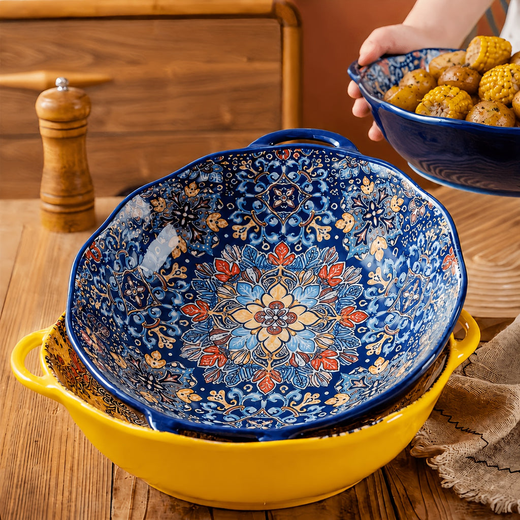 Bohemian Ceramic Salad Bowl 12 Inch with Dual Handles Large Capacity Microwave Safe Dishwasher Safe Oven Proof Porcelain Serving Bowl