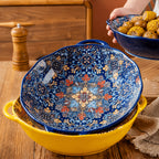 Bohemian Ceramic Salad Bowl 12 Inch with Dual Handles Large Capacity Microwave Safe Dishwasher Safe Oven Proof Porcelain Serving Bowl