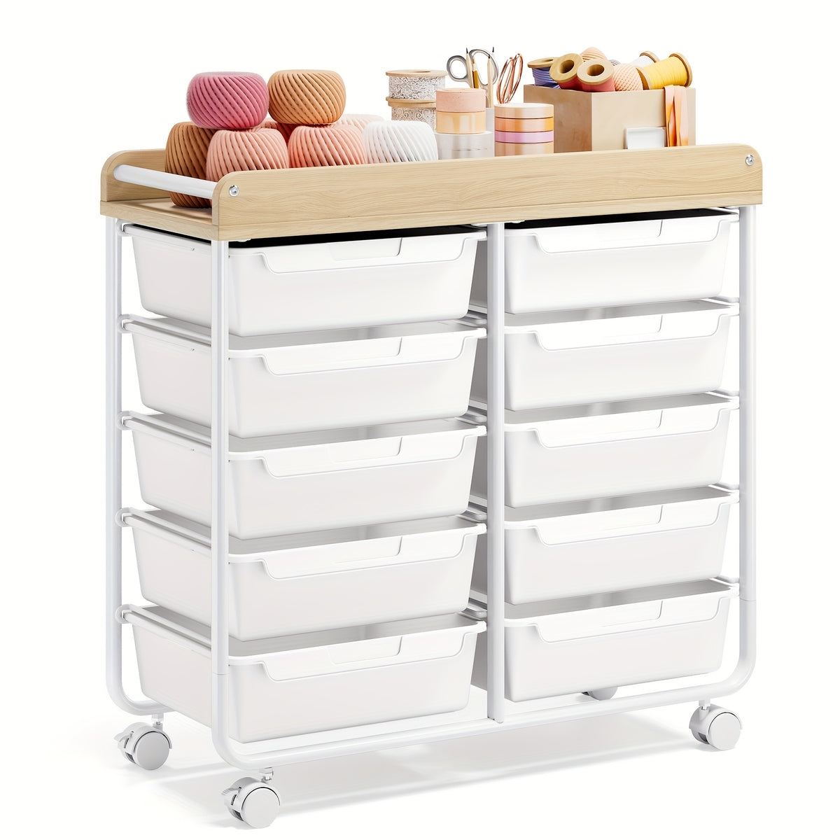 10-Tier Rolling Storage Cart with Drawers and Tabletop Portable Utility Organizer for Home Office Classroom Art Supplies Crafts Cosmetics Green White Rainbow