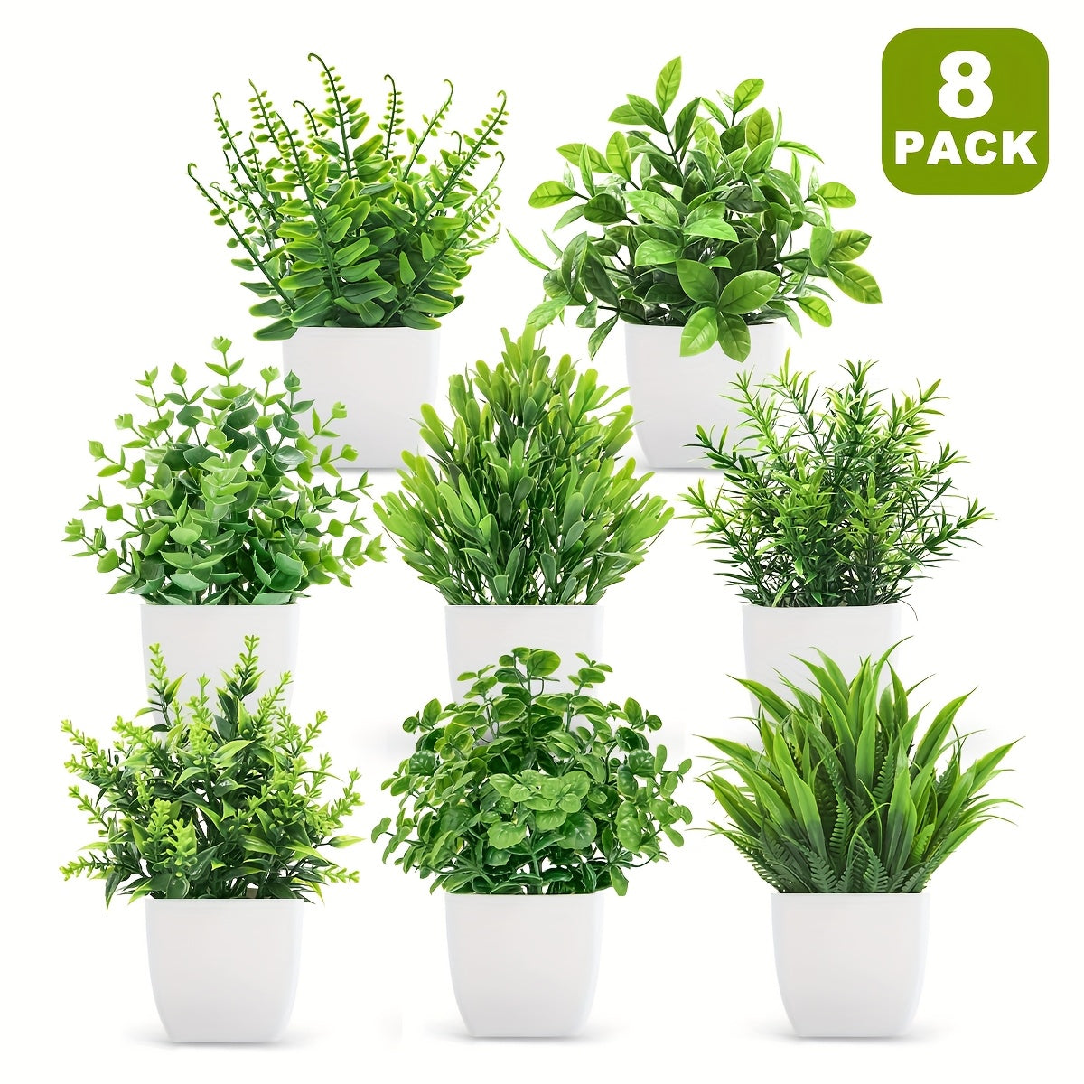 Small Artificial Potted Plants Set of 8 – Fake Mini Greenery in Square Pots for Desk, Office, Bathroom & Home Decor – Indoor Plastic Plants No Maintenance Tabletop Decor