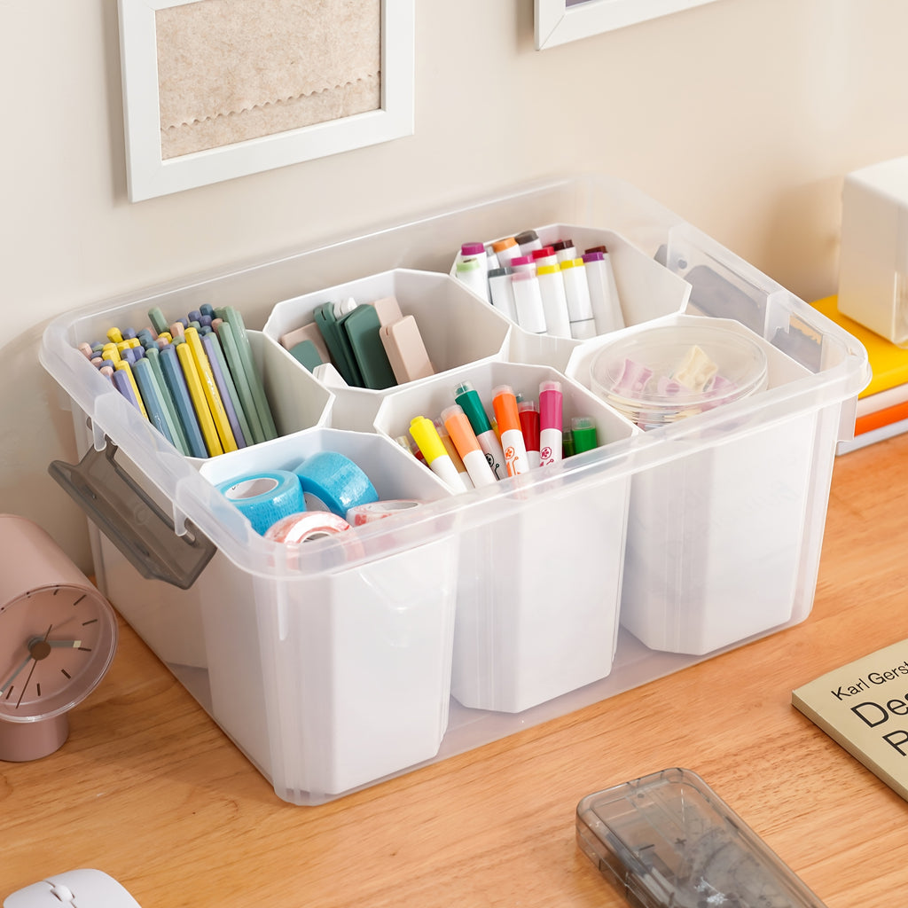 Clear Lid Desktop Storage Box with 6 Detachable Inserts – Stackable PP5 Plastic Organizer Bin for Office Desk, Dresser, Stationery, Jewelry, Cosmetics & Craft Supplies