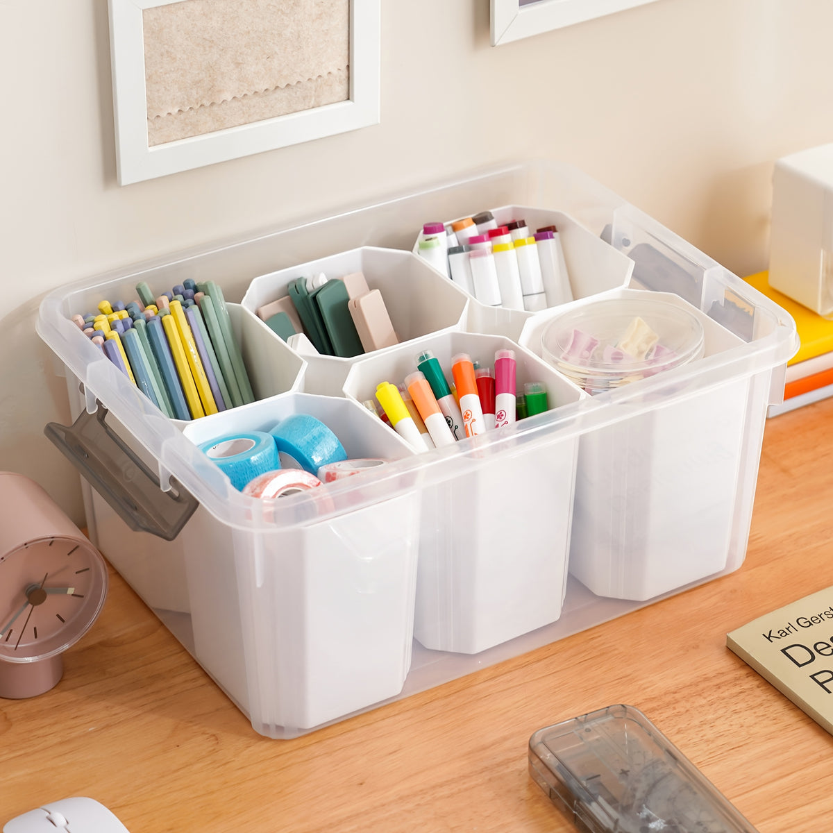 Clear Lid Desktop Storage Box with 6 Detachable Inserts – Stackable PP5 Plastic Organizer Bin for Office Desk, Dresser, Stationery, Jewelry, Cosmetics & Craft Supplies