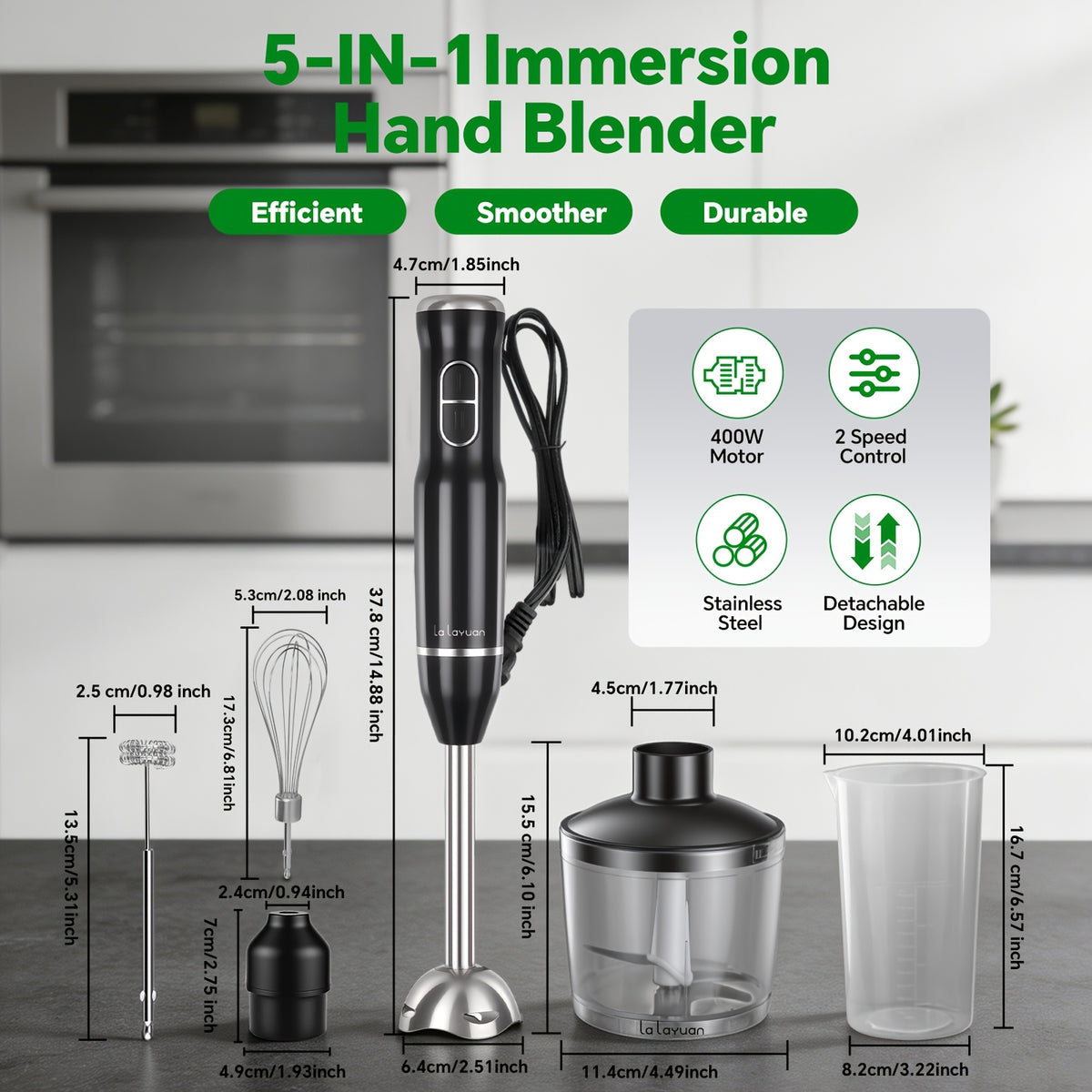 400W Immersion Hand Blender Stick Mixer with 304 Stainless Steel Blades, 2 Speeds & Turbo Mode, Detachable Base – 5-in-1 Set Available, Perfect for Soups, Smoothies, Purees & Baby Food