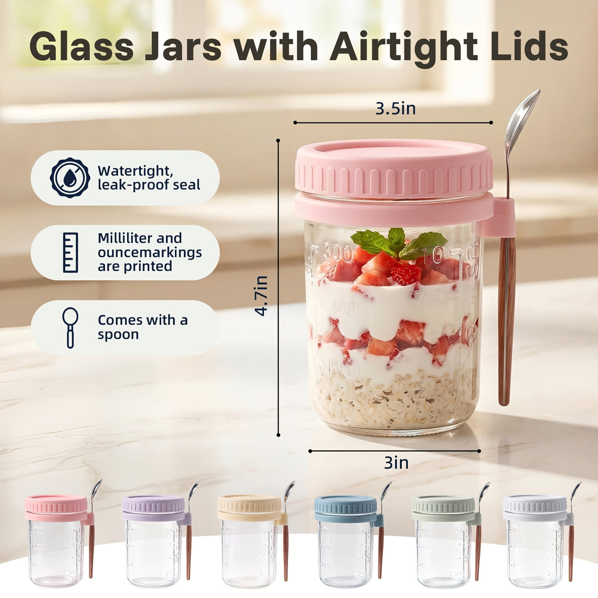 Overnight Oats Containers with Lids and Spoons – 16 oz Airtight Glass Mason Jars for Meal Prep, Breakfast, Milk, Cereal & Fruit | 4-Pack & 6-Pack