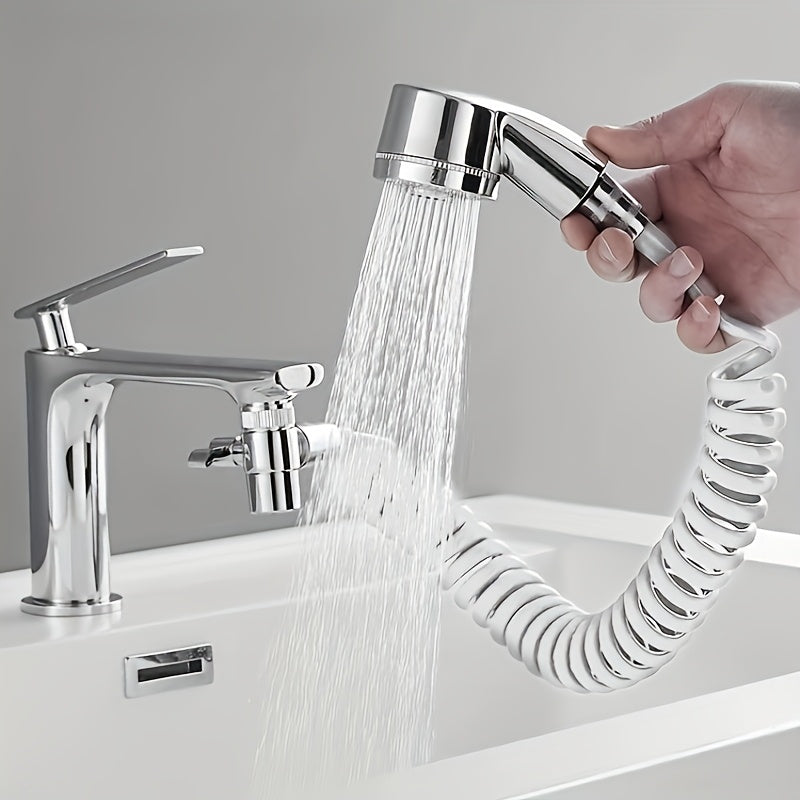 Handheld Shower Head Kit with Bracket, Diverter & Telescopic Hose – High-Pressure Faucet Adapter Shampoo Spray Set for Bathroom Sink, Travel & Portable Shower Use