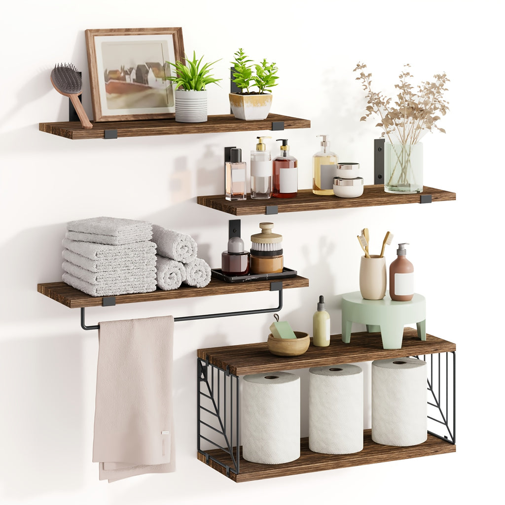 Vintage Wooden Floating Shelves Set of 3 with Guardrail – Wall Mounted Display & Storage Rack for Bedroom, Living Room, Bathroom & Kitchen – Rustic Wood Wall Shelf Multi-Functional Decor