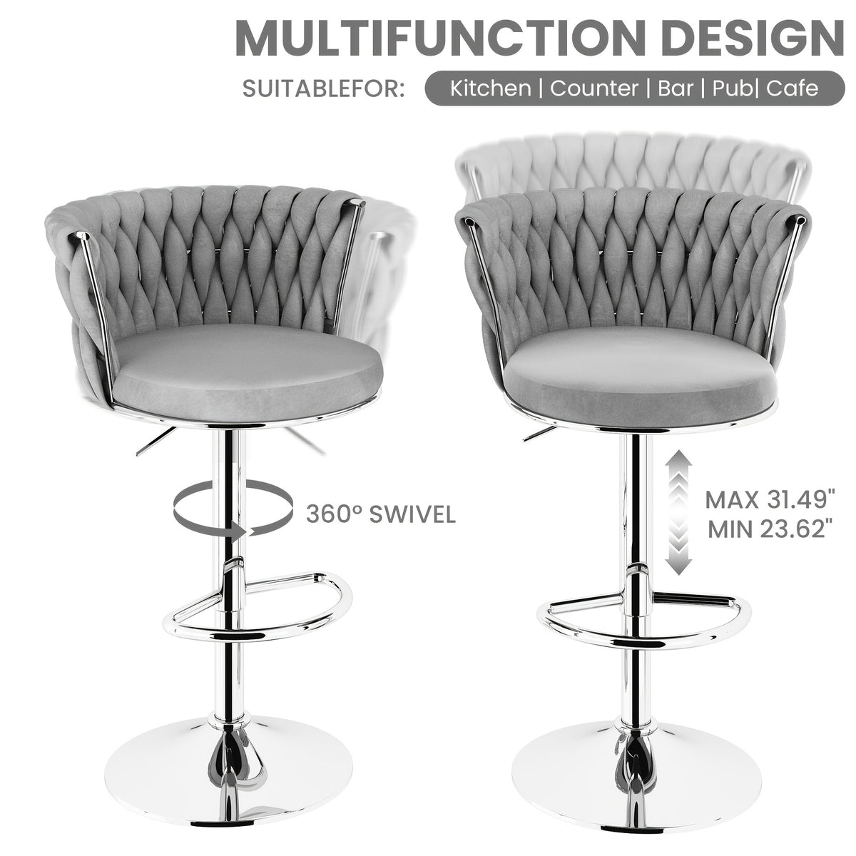 Bar Stools Set of 2 or 4 Adjustable Height Metal Leg Upholstered Counter Chairs for Kitchen Island Bar Living Room Dining Room – Glam Style