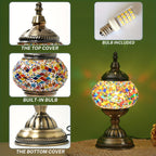 Handmade Turkish Mosaic Table Lamp 3-Color Dimming Glass Bedside Lamp with Metal Base - USB Powered Boho Decorative Light for Bedroom Living Room - Bulb Included, Ready to Use