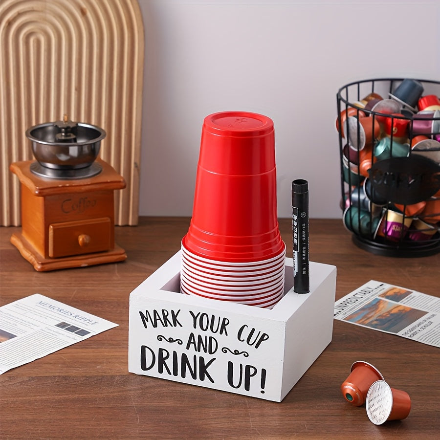 Wooden Cup Holder Desktop Organizer "Mark Your Cup & Drink Up" – Party Cup Rack for Coffee Bar, Desk, Vanity & Cosmetics Storage, Rustic Wood Farmhouse Kitchen Decor & Office Accessories