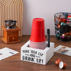 Wooden Cup Holder Desktop Organizer "Mark Your Cup & Drink Up" – Party Cup Rack for Coffee Bar, Desk, Vanity & Cosmetics Storage, Rustic Wood Farmhouse Kitchen Decor & Office Accessories